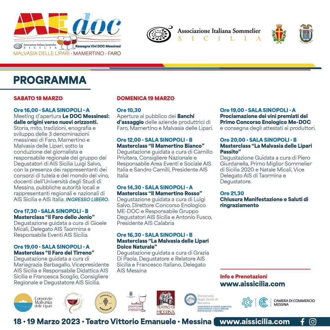 ME-doc la prima rassegna Ais Sicilia sulle Doc messinesi: sabato 18 e domenica 19 al Teatro Vittorio Emanuele